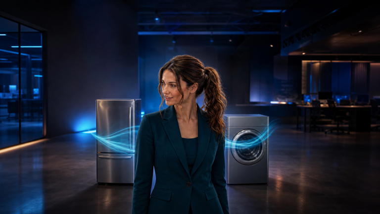 Jennifer Hudsen in a late-night newsroom between a generic connected refrigerator and laundry machine, illustrating software updates for existing smart appliances. Original synthetic editorial concept art; not Samsung media or a product interface.
