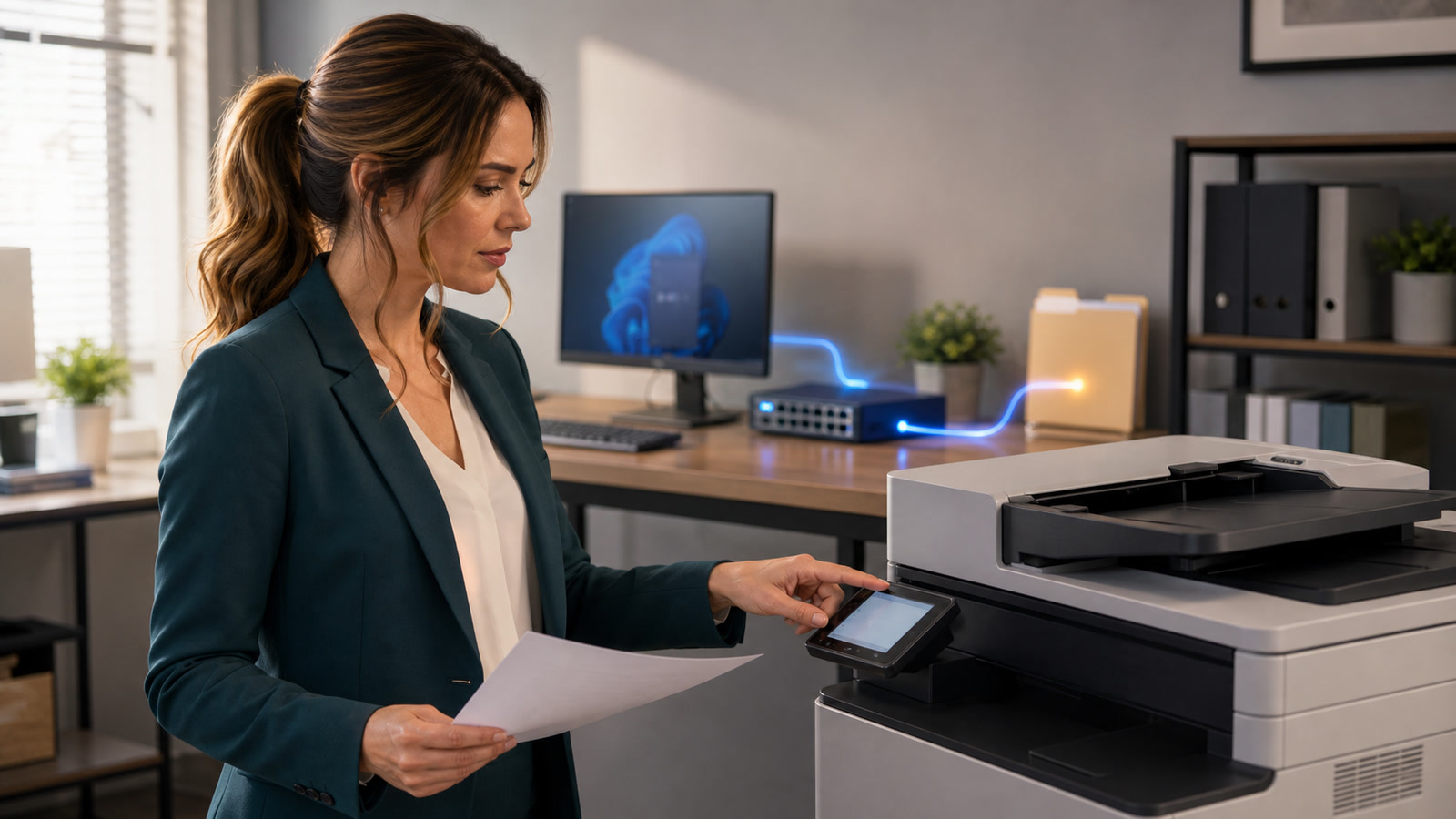 Jennifer Hudsen, in three-quarter profile, uses an unbranded office printer touchscreen while holding a document beside an abstract local-network workstation.