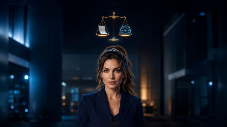 Jennifer Hudsen in a late-night newsroom beneath a symbolic balance scale weighing blank news pages against an abstract AI network. Original editorial art, not a court exhibit or liability finding.