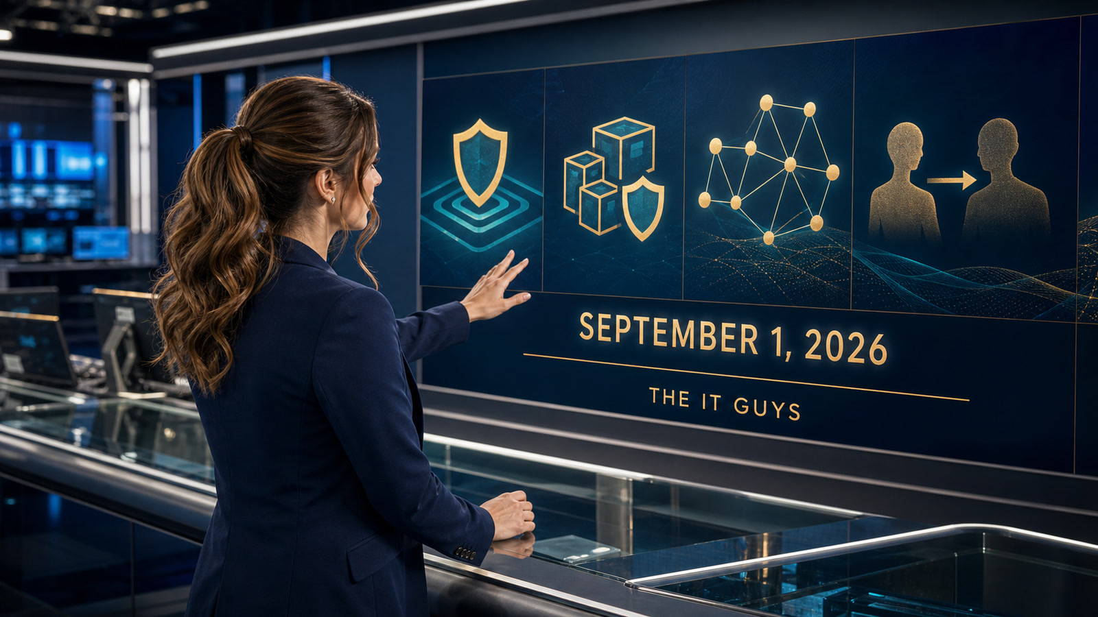 Jennifer Hudsen presents the September 1, 2026 technology recap beside Windows security, repository defense, enterprise AI, and leadership-transition graphics.
