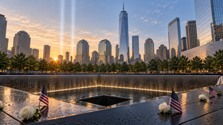Original solemn view of the 9/11 Memorial reflecting pool with white roses, small American flags, two columns of light, and One World Trade Center at sunrise.