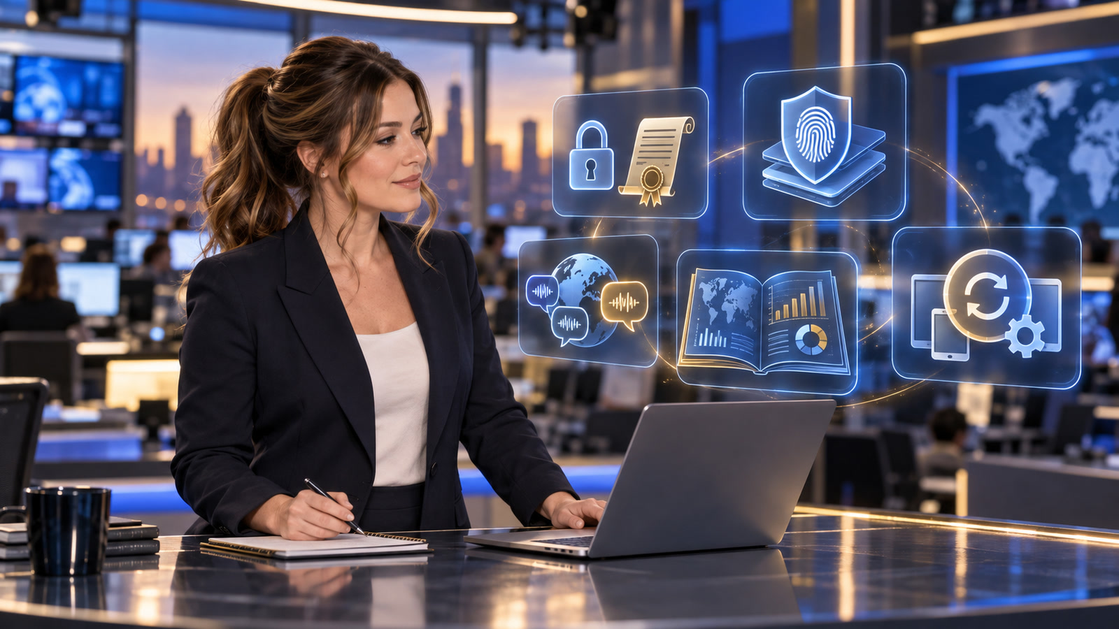 Jennifer Hudsen, with chestnut ponytail and face-framing tendrils, looks toward five abstract blue-and-gold technology symbols in a newsroom.
