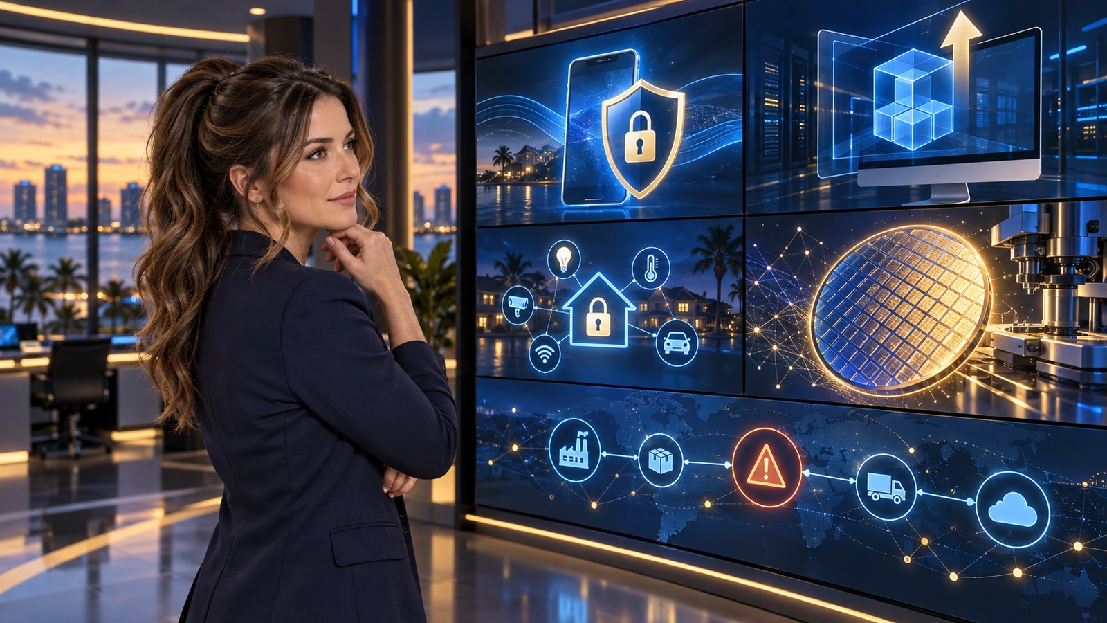 Jennifer Hudsen, with a chestnut mid-high ponytail and face-framing tendrils, reviews abstract mobile-security, smart-home, quantum-wafer, virtualization, and software-supply-chain symbols in a newsroom.