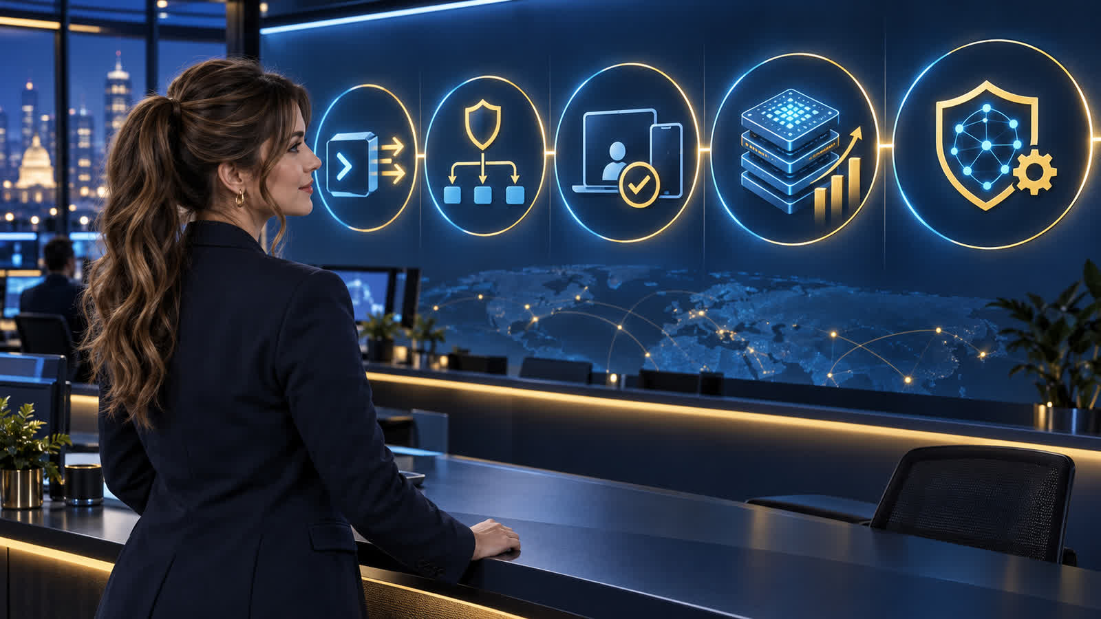 Jennifer Hudsen, with a chestnut mid-high ponytail and face-framing tendrils, reviews five abstract symbols for Linux runners, workflow security, managed devices, AI accelerator financing, and network protection in a newsroom.