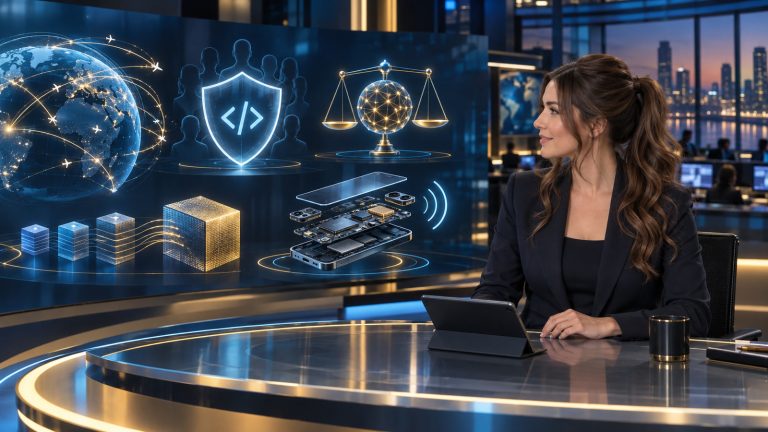 Jennifer Hudsen, with a chestnut mid-high ponytail and face-framing tendrils, sits at a newsroom desk beside abstract symbols for air traffic, secure code, independent AI review, model routing, and smartphone hardware.