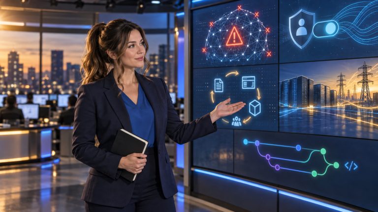 Jennifer Hudsen, with a chestnut mid-high ponytail and face-framing tendrils, stands in a newsroom gesturing toward abstract symbols for network containment, privacy permissions, content supply chains, data-center energy, and code review.