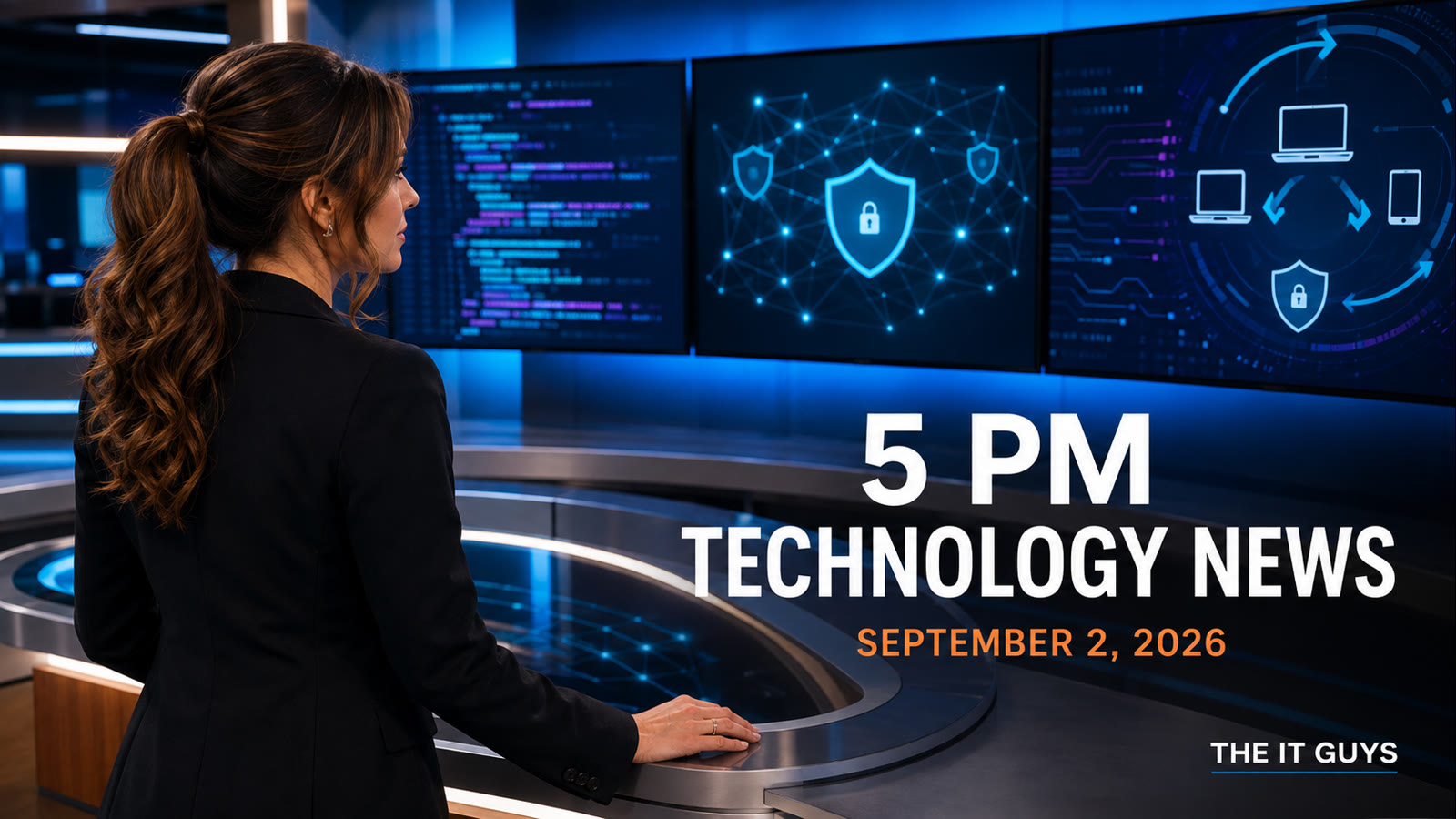 Jennifer Hudsen reviews the September 2, 2026 technology recap beside abstract cybersecurity, network, and software-update graphics.