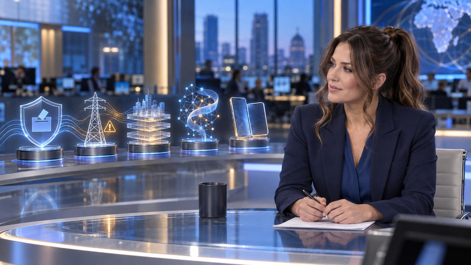 Jennifer Hudsen, with a chestnut mid-high ponytail and face-framing tendrils, sits at a newsroom desk beside abstract icons for secure voting networks, electrical-grid recovery, infrastructure financing, artificial intelligence, and a dual-screen handheld.