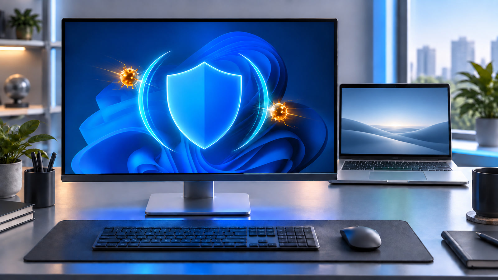 A blue security shield on a desktop monitor contains two amber threat symbols beside a secondary laptop with a neutral screen