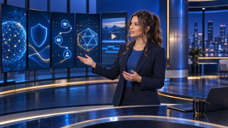 Jennifer Hudsen presents five technology stories in a navy newsroom beside abstract security, mathematics, learning, coding, and video panels.