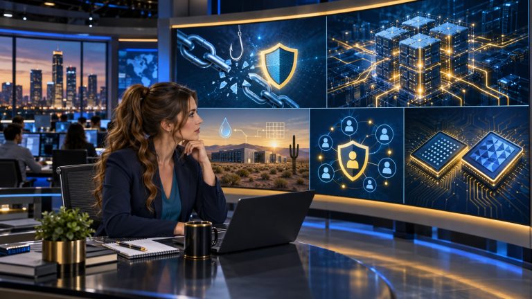 Jennifer Hudsen, with a chestnut mid-high ponytail and face-framing tendrils, sits in profile at a newsroom desk beside abstract panels for phishing defense, efficient AI computing, data-center resources, privacy-aware communities, and two mobile processors.