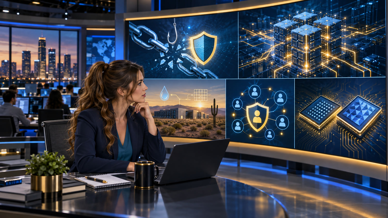 Jennifer Hudsen, with a chestnut mid-high ponytail and face-framing tendrils, sits in profile at a newsroom desk beside abstract panels for phishing defense, efficient AI computing, data-center resources, privacy-aware communities, and two mobile processors.