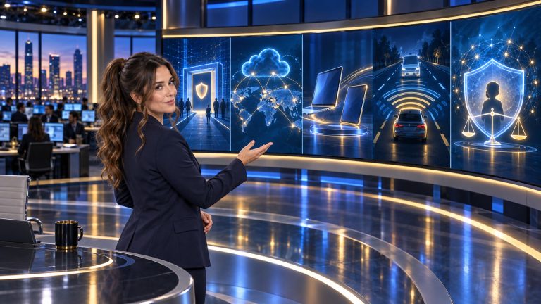 Jennifer Hudsen, with a chestnut mid-high ponytail and face-framing tendrils, stands in a blue-and-gold newsroom and gestures toward five text-free panels symbolizing a guarded recruiting portal, global cloud regions, portable computers, road-safety sensors, and youth AI safeguards.