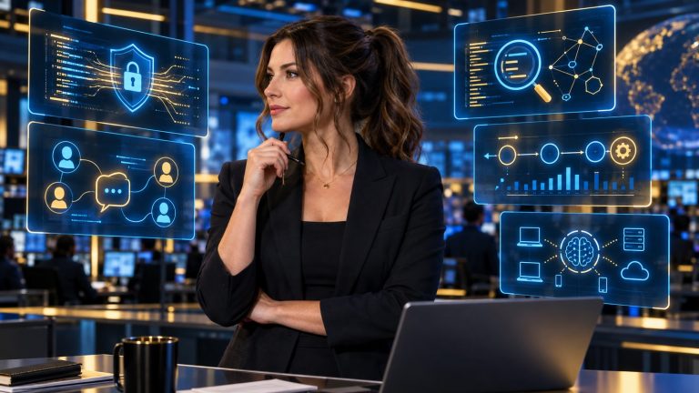 Jennifer Hudsen, with a chestnut mid-high ponytail and face-framing tendrils, stands in a blue-and-gold newsroom beside five abstract panels representing secure code repair memory, collaboration, code analysis, workflow analytics, and fleet-management AI.