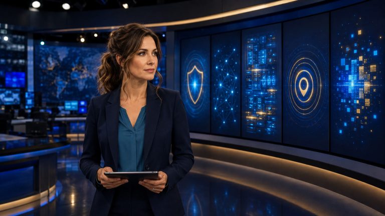 Jennifer Hudsen, in a navy blazer and teal blouse with her chestnut highlighted ponytail, stands in a blue-lit newsroom holding a tablet beside abstract cybersecurity, network, computing, location, and graphics displays.