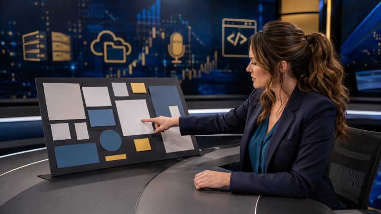 Jennifer Hudsen sits at a curved newsroom desk in profile, pointing to an abstract story board beside icon-only cloud, server, microphone, data, and developer displays.