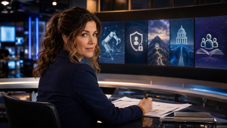 Jennifer Hudsen sits at a curved newsroom desk, looking over her shoulder toward five abstract technology story panels while marking a paper rundown.