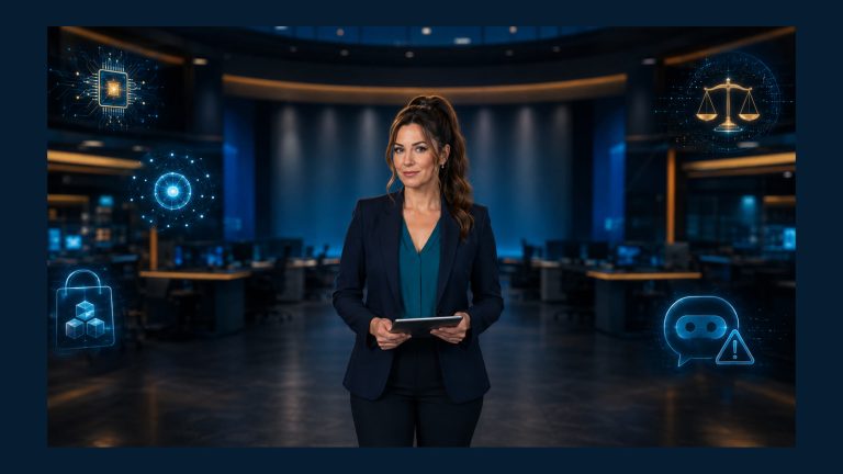 Jennifer Hudsen stands centered in a blue technology newsroom holding a tablet, framed by five abstract symbols for semiconductors, open-source AI, app stores, publishing rights, and medical chatbot caution.