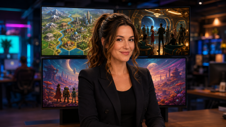 Jennifer Hudsen centered before original civilization strategy, luxury-space social-deduction and colorful science-fiction RPG scenes