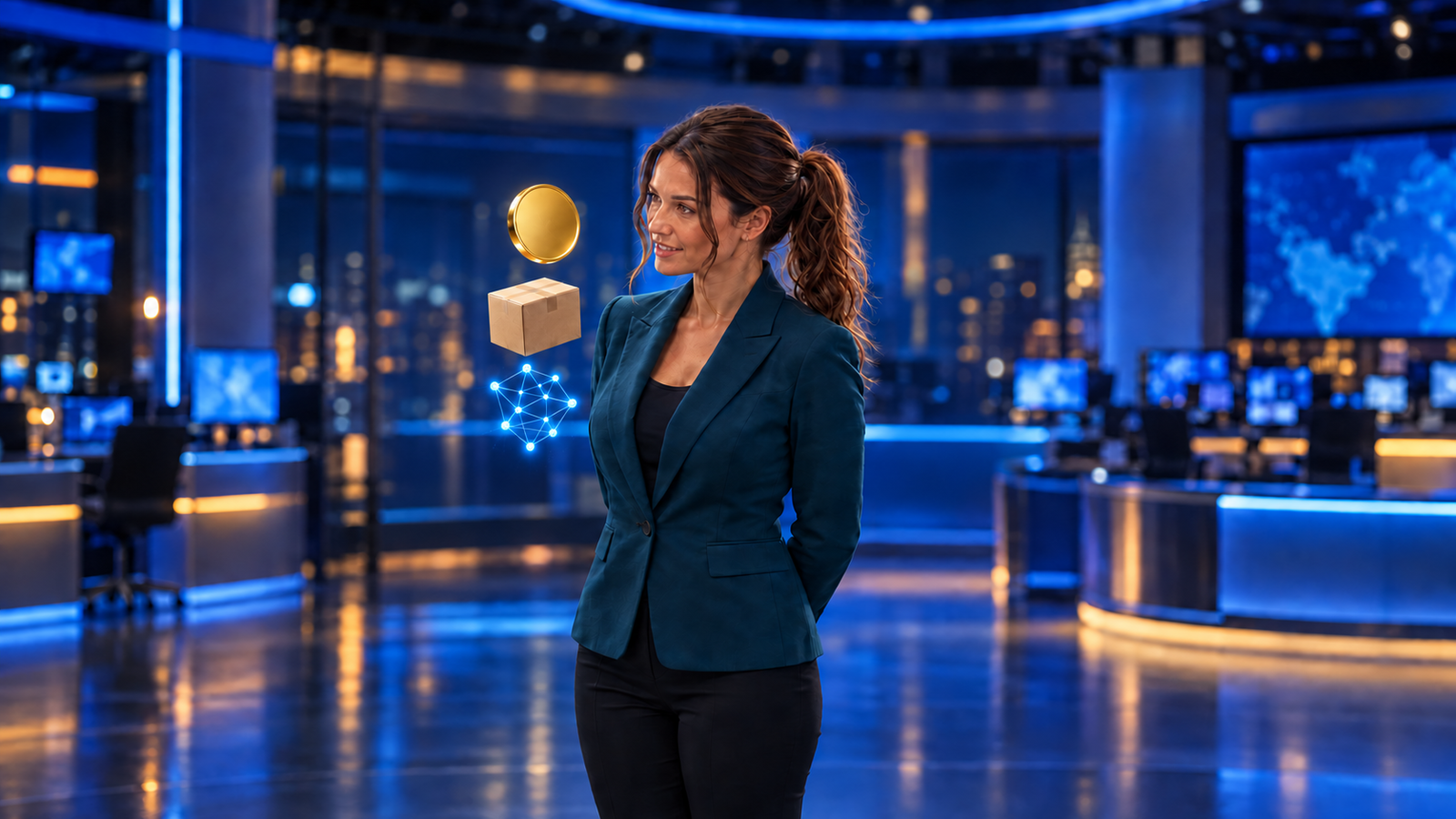 Jennifer Hudsen watches a blank gold disc, plain parcel and abstract neural nodes in a fictional late-night newsroom; original synthetic editorial art, not a real Super.money or Flipkart interface.