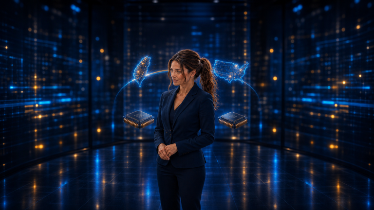 Original Jennifer newsroom illustration showing Jennifer Hudsen centered between abstract Taiwan and United States chip-supply-chain graphics; no official interface, logo or private data is depicted.