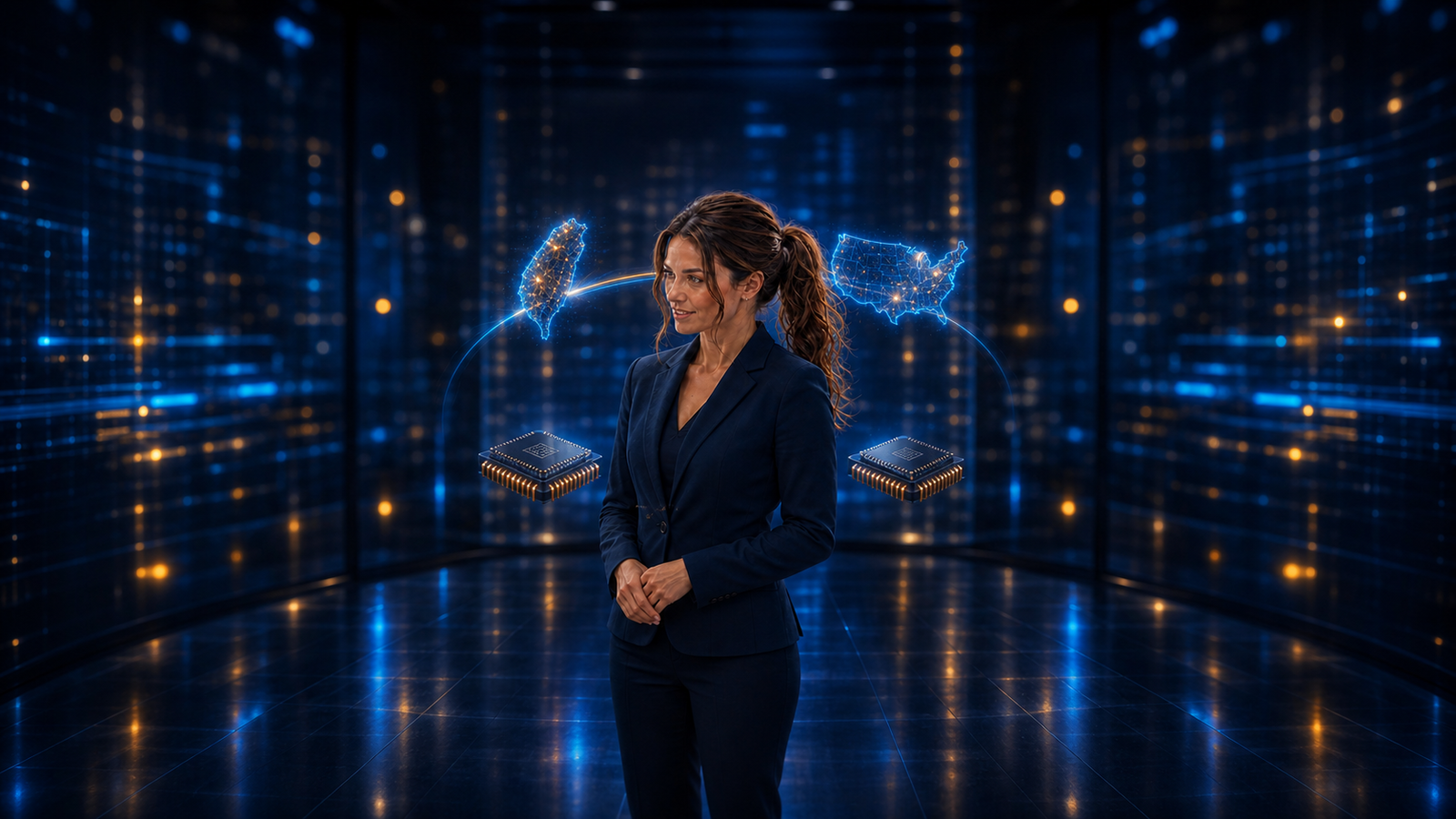 Original Jennifer newsroom illustration showing Jennifer Hudsen centered between abstract Taiwan and United States chip-supply-chain graphics; no official interface, logo or private data is depicted.