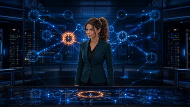 Original Jennifer newsroom illustration showing Jennifer Hudsen beside an abstract clock-synchronization network; not a Telstra interface, outage screenshot or official report.