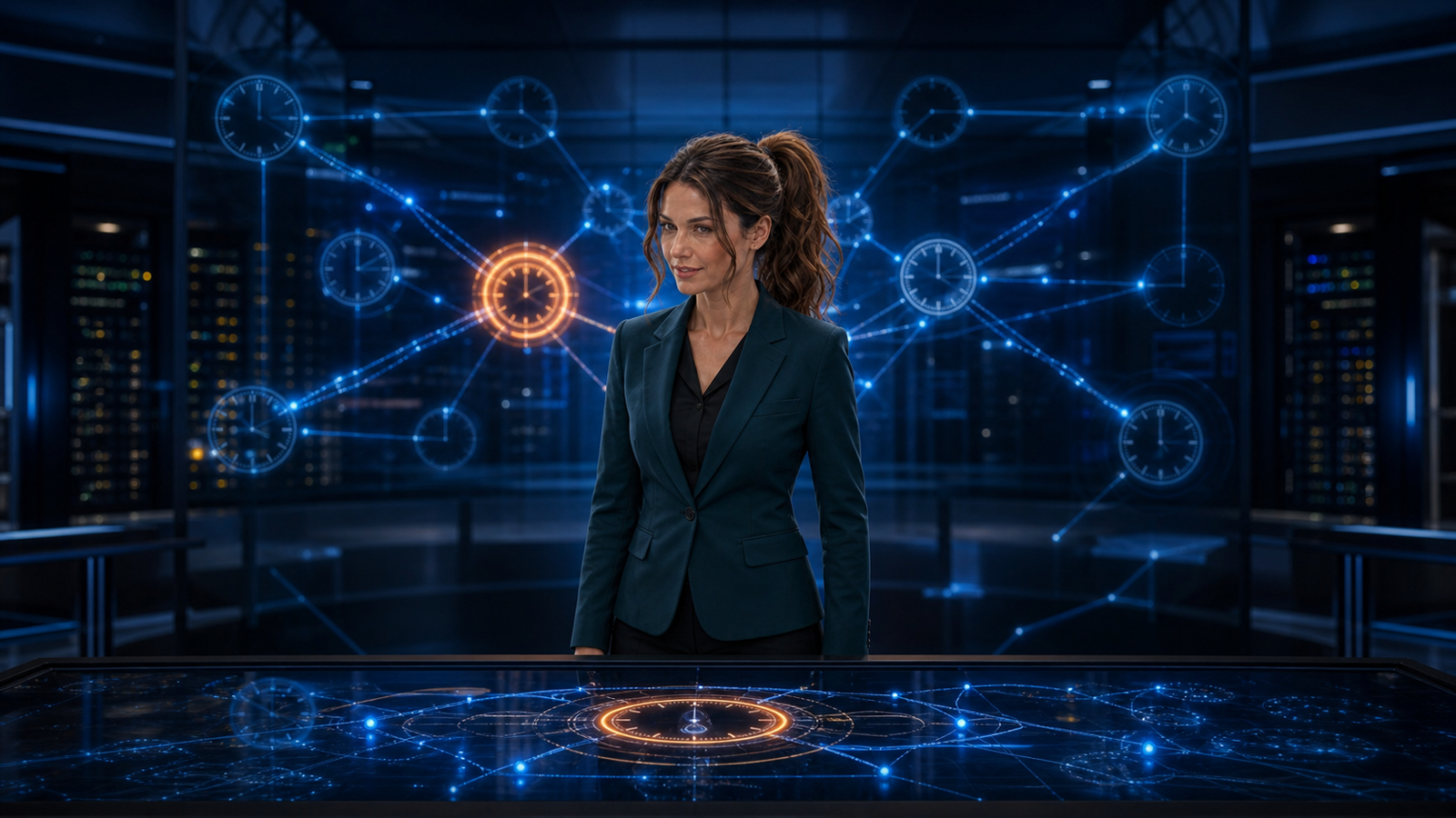Original Jennifer newsroom illustration showing Jennifer Hudsen beside an abstract clock-synchronization network; not a Telstra interface, outage screenshot or official report.