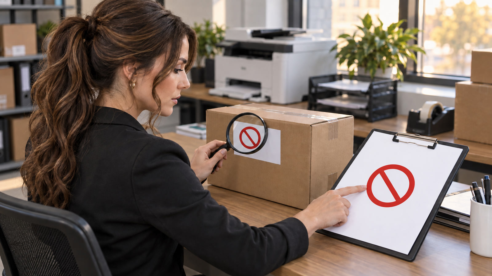 Jennifer Hudsen uses a magnifying glass to compare a sealed printer-supply box with a red mismatch symbol on a clipboard.