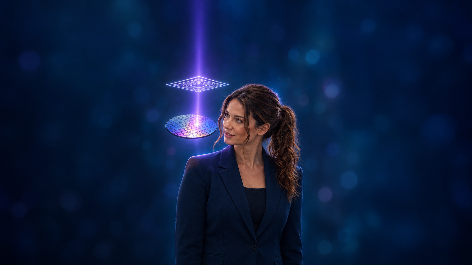 Jennifer Hudsen studies an abstract wafer, photomask and violet light beam in a late-night newsroom concept. Original synthetic editorial art about future chip lithography; not ASML or TSMC media, a real facility, or an official diagram.