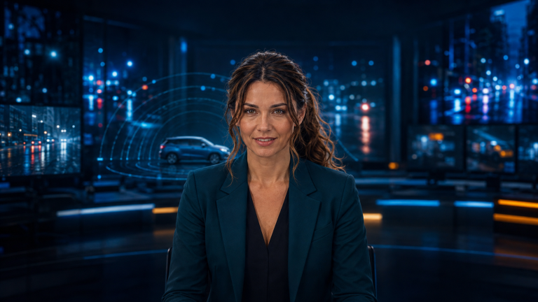 Original Jennifer newsroom illustration showing Jennifer Hudsen with an unbranded electric crossover and abstract camera-radar arcs; not an Uber or Wayve photograph or interface.