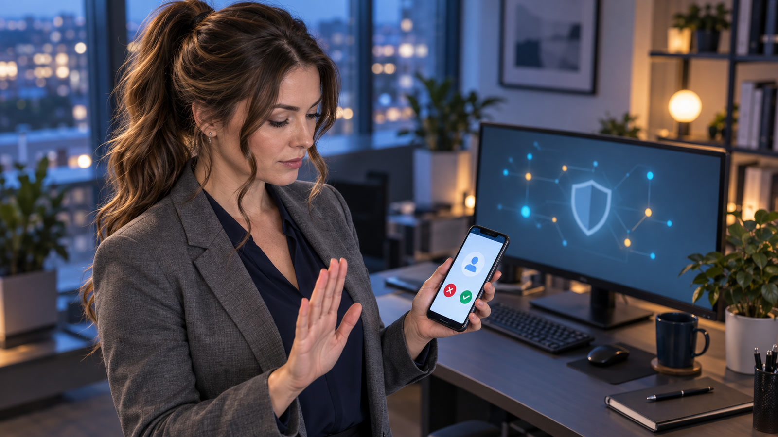 Jennifer Hudsen, with long chestnut-brown hair in a voluminous mid-high ponytail and loose curled tendrils, stands in three-quarter-right profile at a secure office workstation while checking an unexpected sign-in alert on her phone without approving it.