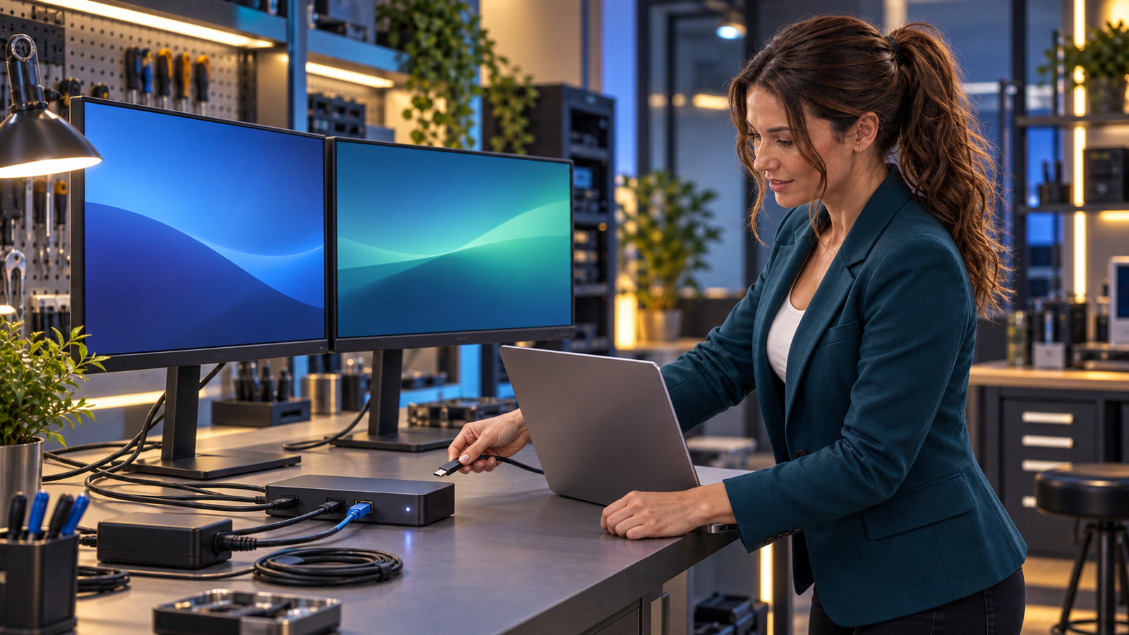Jennifer Hudsen, with her chestnut highlighted mid-high ponytail, stands in left-facing profile at an IT workbench while connecting a USB-C cable to a powered laptop dock beside two monitors.