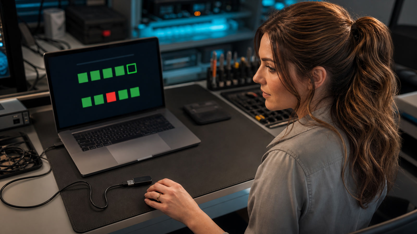 Jennifer Hudsen, in profile at an IT workbench, reviews a laptop capacity-check display beside an unbranded USB flash drive.