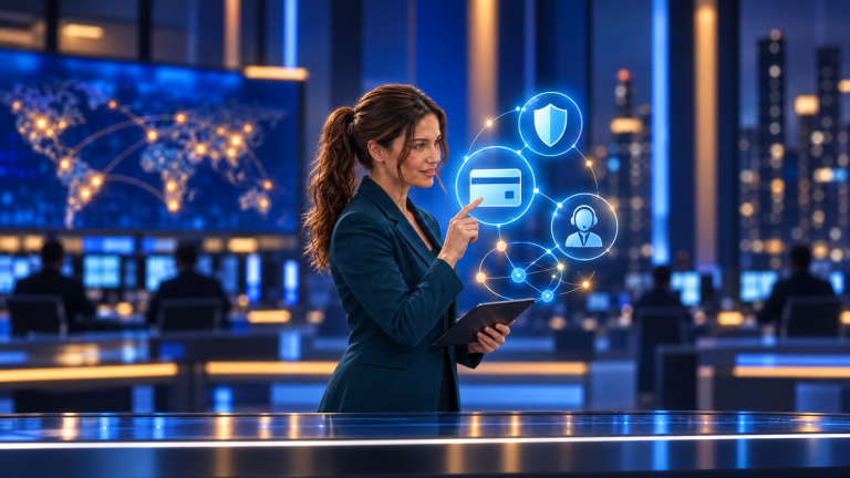 Jennifer Hudsen in a late-night technology newsroom pointing toward abstract payment-card, shield and connected-agent symbols; original synthetic editorial art, not a real payment interface.