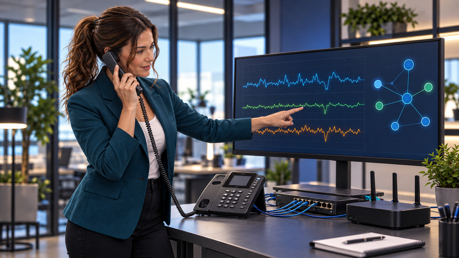 Jennifer Hudsen, with her chestnut highlighted mid-high ponytail, stands in three-quarter profile holding a desk-phone handset while pointing to abstract call-quality traces beside generic network equipment.