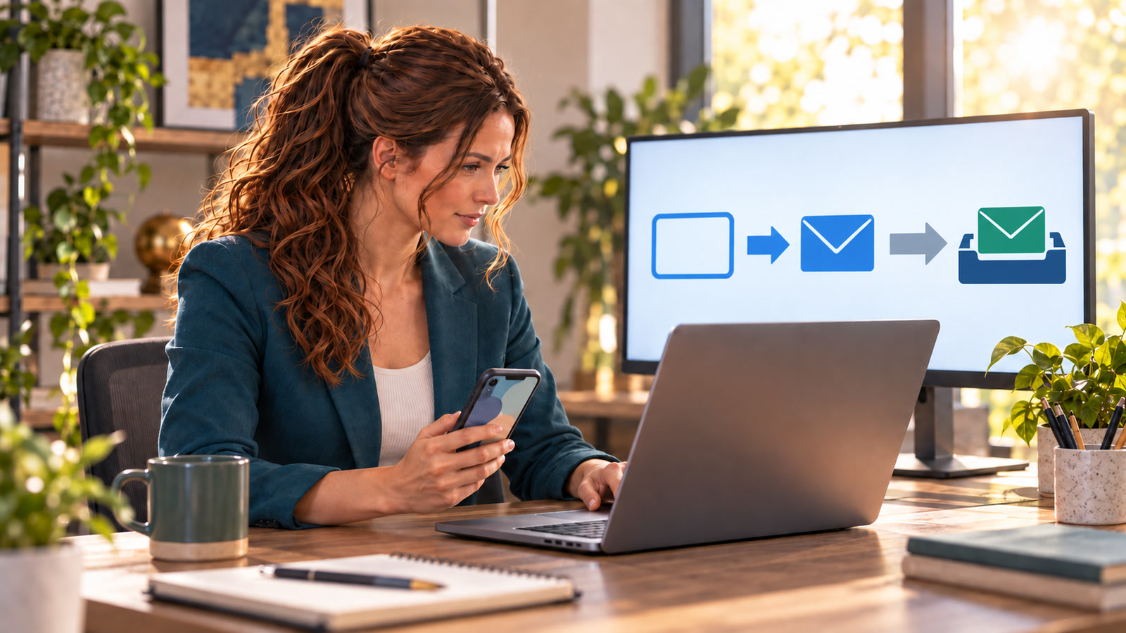 Jennifer Hudsen, seated at a small-business desk with her chestnut highlighted ponytail, tests a laptop and phone while a second monitor shows an abstract form-to-inbox delivery path.