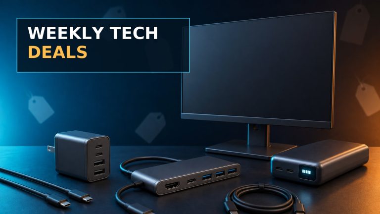 Editorial illustration of a monitor, USB-C hub, multi-port wall charger, power bank, and cables for The IT Guys weekly tech deals roundup.