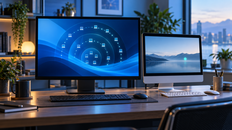 Two desktop computers in a professional workspace; the primary screen shows staged rings of device icons for a phased Windows 11 feature-update rollout while the secondary screen stays calm and neutral after the Apple check.