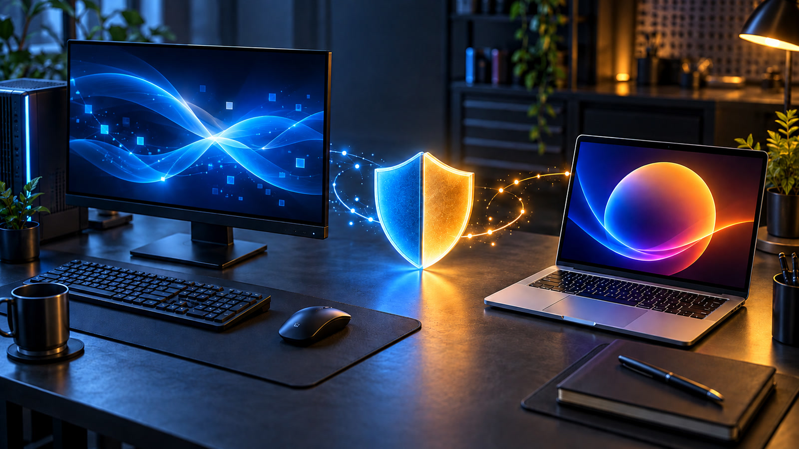 A blue desktop display and warm-color laptop face a two-tone security shield on a dark IT workbench, representing same-day Windows and macOS updates.
