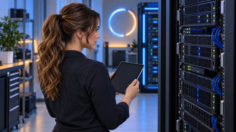 Jennifer Hudsen, seen in calm side profile with her chestnut ponytail and curled face-framing tendrils, inspects an unbranded server rack while holding a blank tablet in a blue-lit server room.