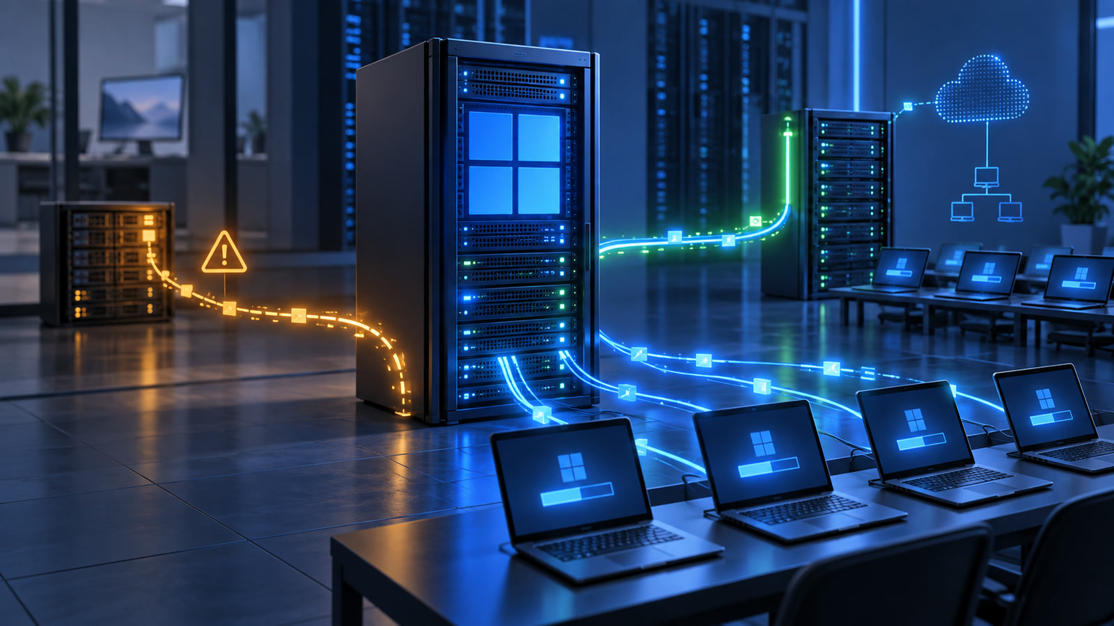 A Windows-inspired server sends deployment images to business laptops while an amber legacy PXE path forks toward a modern green-blue migration route.