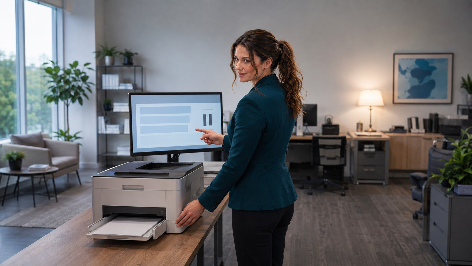 Jennifer Hudsen in a teal blazer stands in three-quarter view between a generic office printer and a monitor displaying abstract paused print-queue blocks.