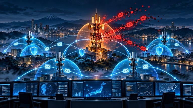 Original editorial illustration of an emergency communications network containing a compromised central alert relay that is sending suspicious red message fragments while surrounding systems remain protected by blue shields. Created for The IT Guys coverage of the Arcadia supplier breach. No text or logos.