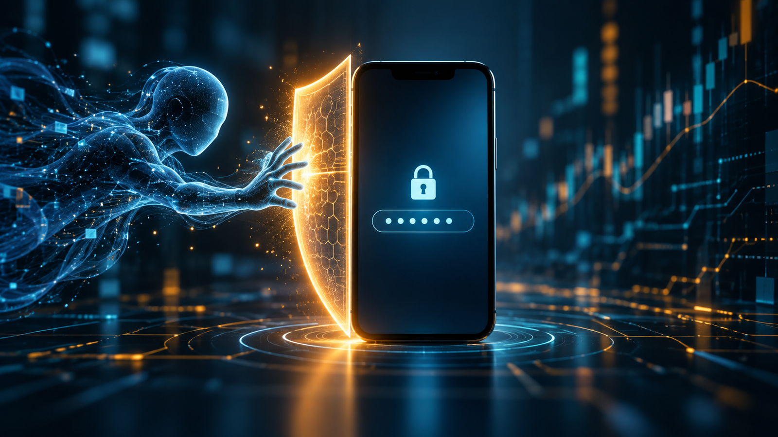 An abstract blue AI figure reaches toward an unbranded smartphone with password dots and a padlock, but a glowing amber shield blocks access.