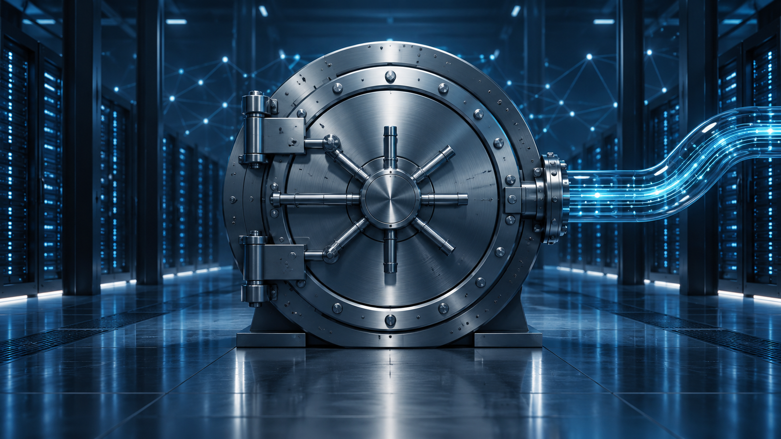 Steel security vault in a dark blue server room with a cyan-lit recovery conduit