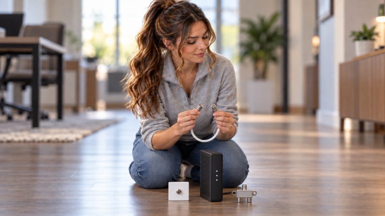 Jennifer Hudsen kneels in a bright office while comparing both ends of a short white coaxial cable beside an unbranded cable modem, a coax wall-jack sample, and a two-way splitter.