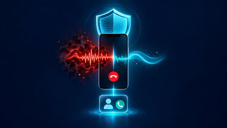 Editorial illustration of a generic phone separating a suspicious incoming call from a shielded, independently initiated callback path.