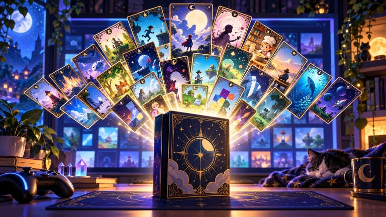 Original editorial illustration of 22 tarot-inspired indie-game cards fanning from one anthology case on a desktop gaming setup; no text or logos.