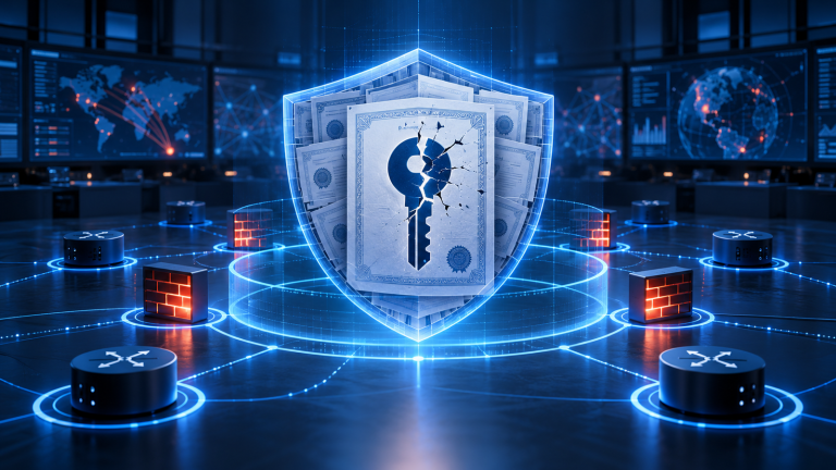 Glowing shield holding certificate pages and a fractured key, surrounded by firewall blocks and network nodes in a blue operations room.